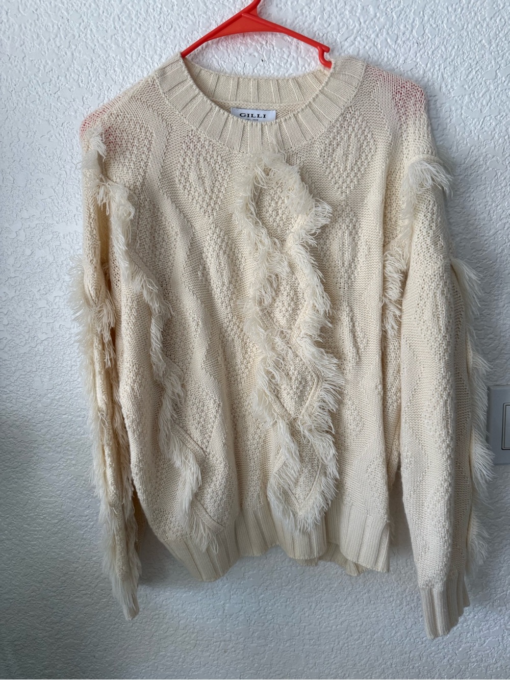 Gilli Cream Fringe Cable Knit Crew Sweater